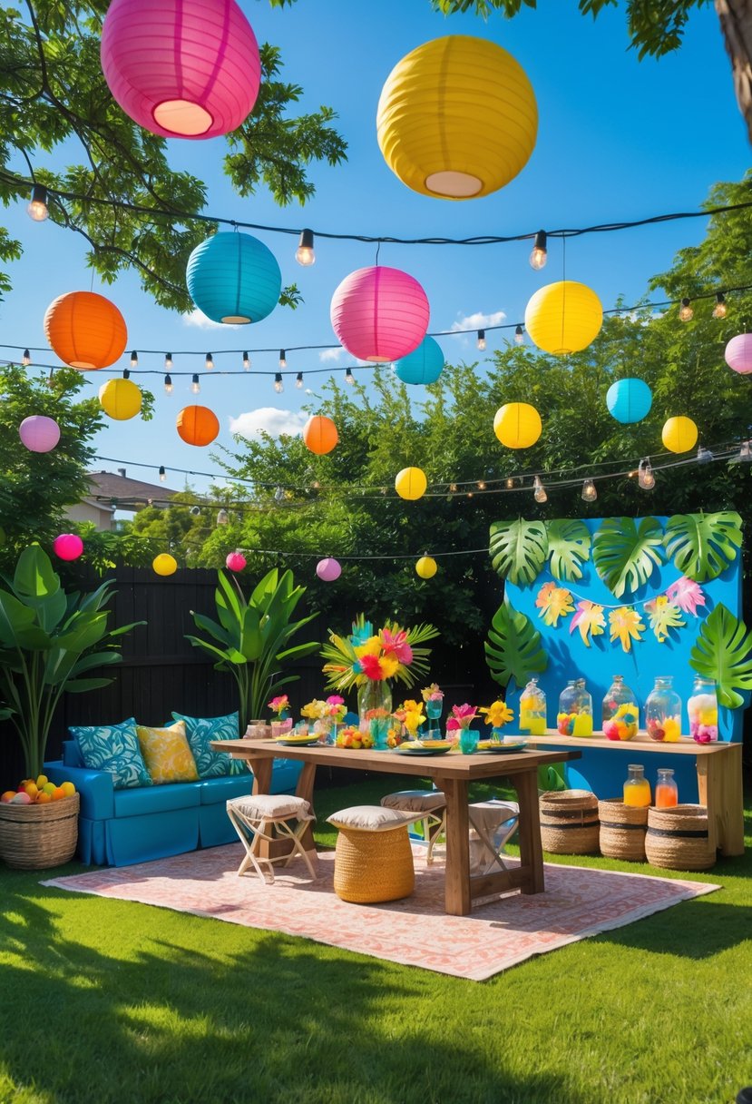 An outdoor summer party setup featuring colorful lanterns, a decorated wooden table, cozy seating with cushions and fairy lights, a photo booth with tropical decorations, and a beverage station with infused water and fruits.