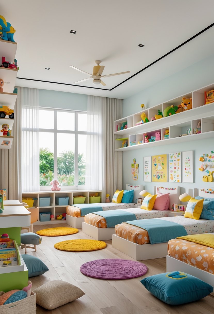 A children's bedroom with seven beds, colorful bedding, toys, books, desks, and large windows letting in natural light.