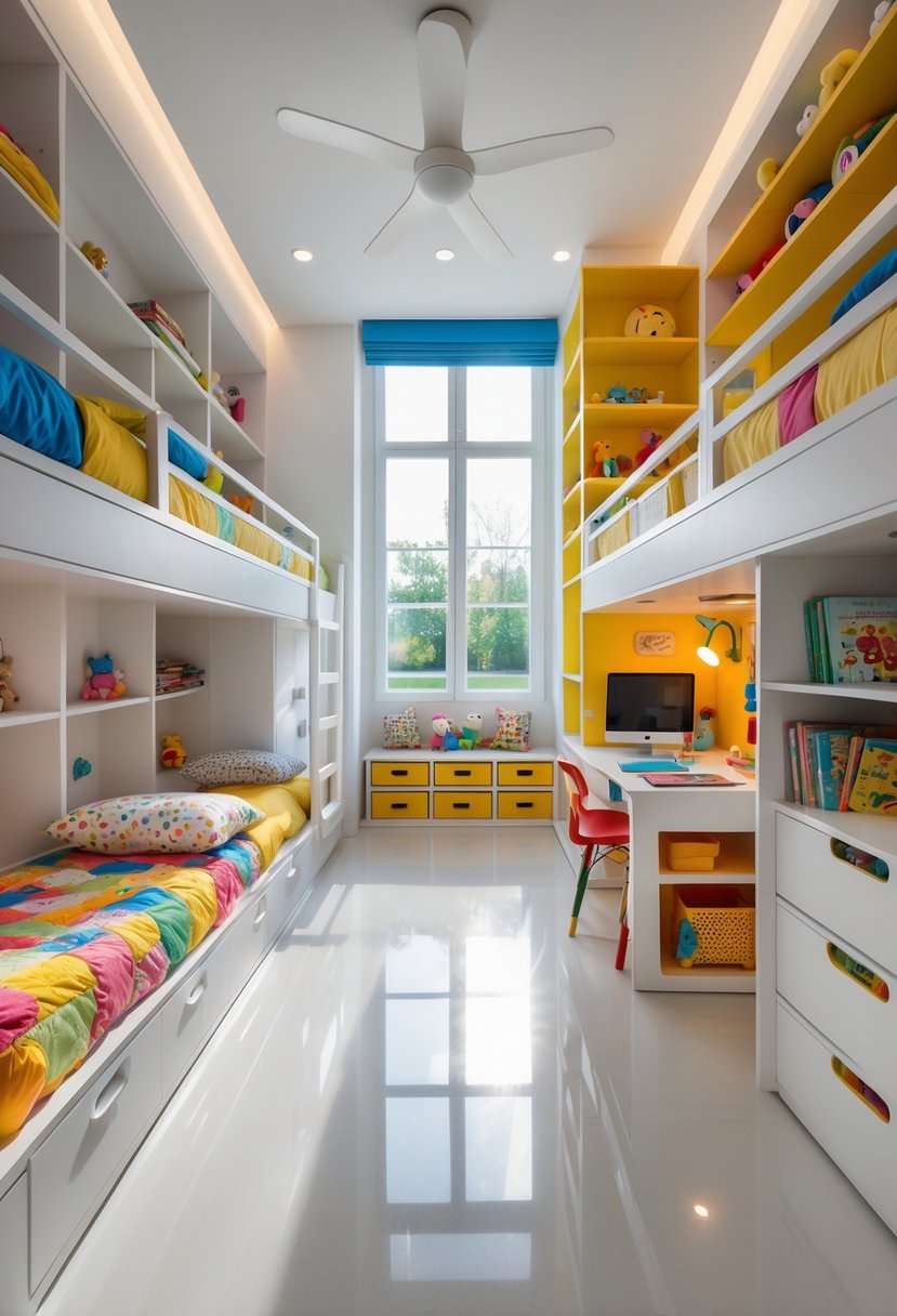 A children's bedroom with bunk beds, loft beds, and built-in storage designed to accommodate seven kids, with organized toys and bright natural light.