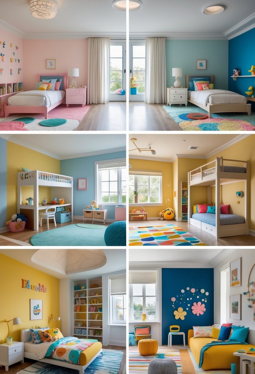 A bright room displaying seven different kids' bedrooms, each with unique beds, furniture, and colorful decorations.