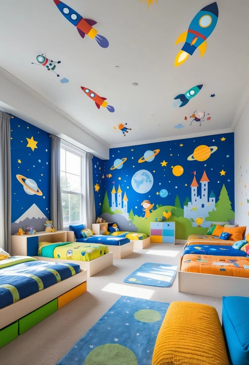 A spacious children's bedroom with seven beds, decorated with space-themed and fairy tale wall decals, colorful bedding, and child-friendly furniture.