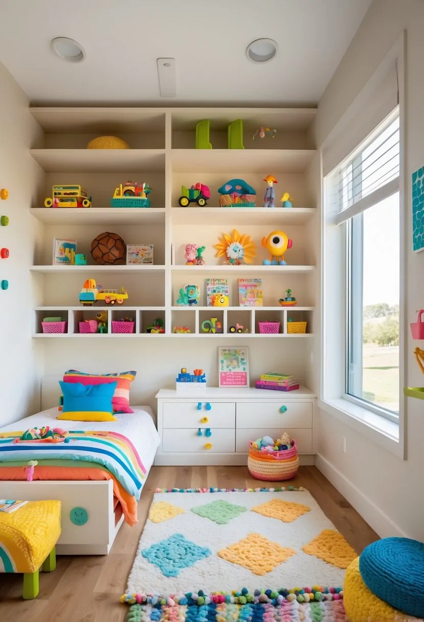 A children's bedroom with built-in shelves holding toys, books, and decorations, a small bed, and natural light coming through a window.