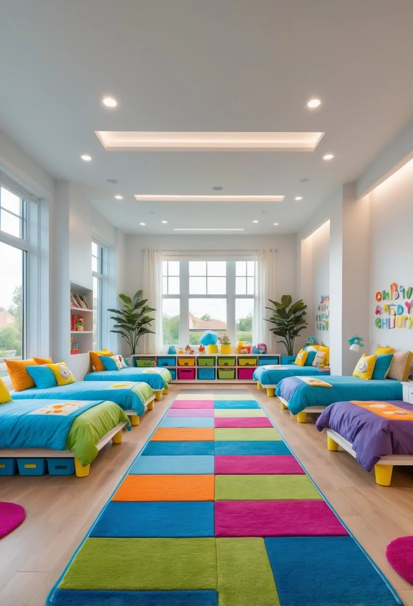 A bright children's bedroom with seven beds, colorful bedding, easy-to-clean rugs, organized storage, and natural light.