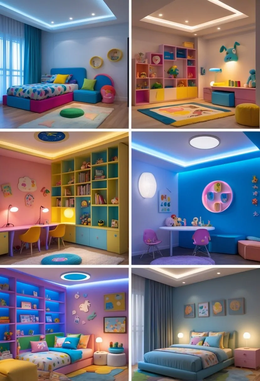 A children's bedroom featuring seven different areas with adjustable lighting for activities like reading, playing, and sleeping, decorated with colorful beds, desks, toys, and cozy spaces.