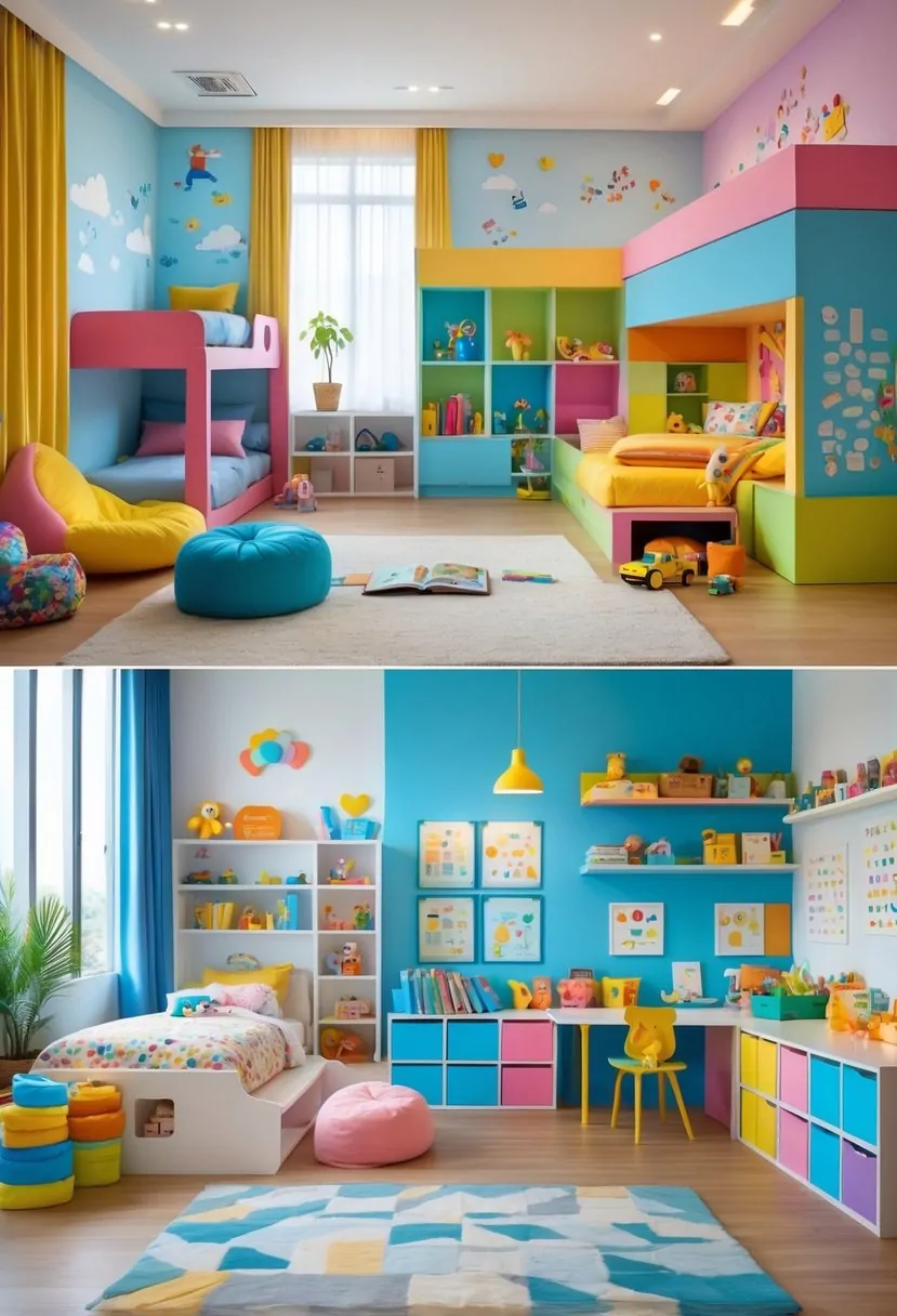 A colorful and organized kids' bedroom featuring multiple beds, storage solutions, play areas, and natural light.