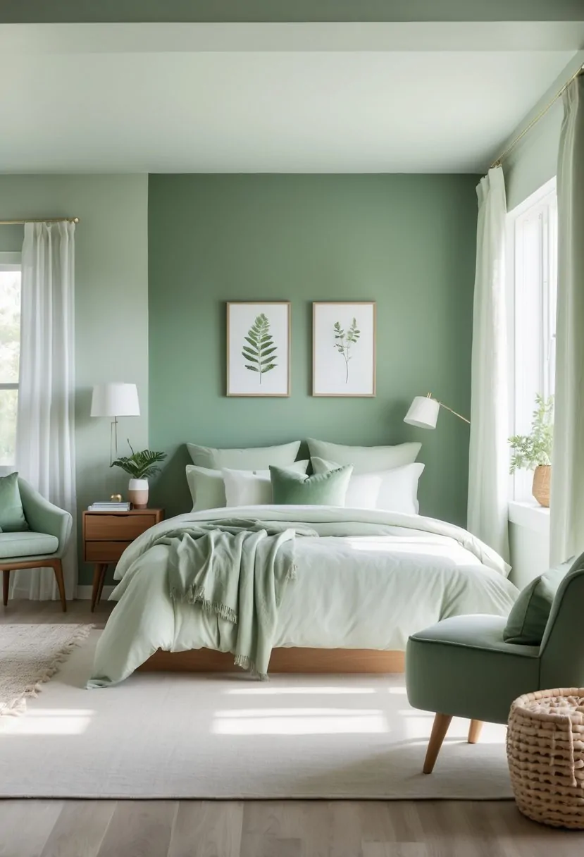A bedroom with a sage green accent wall, a bed with white and green pillows, wooden nightstand with lamp and plant, natural light from a window with sheer curtains, and a cozy armchair.