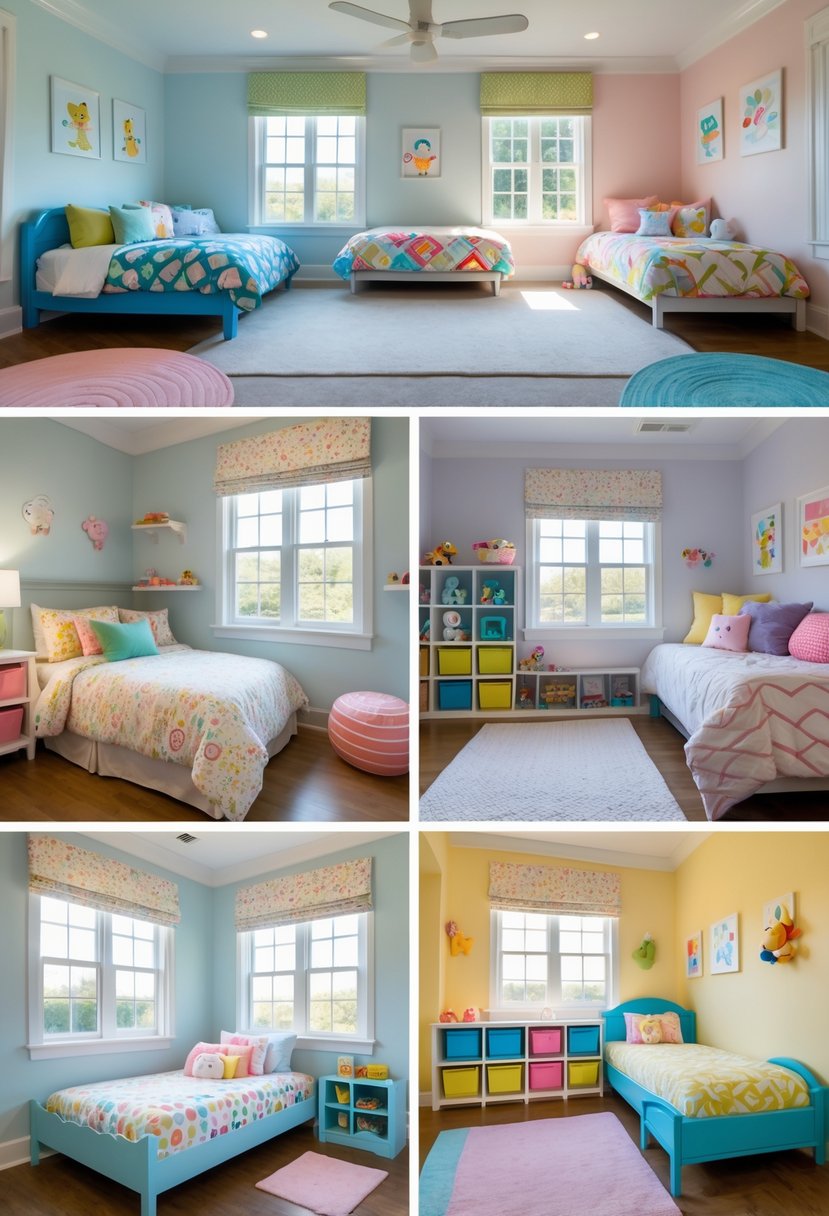 A children's bedroom with seven sleeping areas, featuring safe furniture, cozy bedding, natural light, and organized storage.