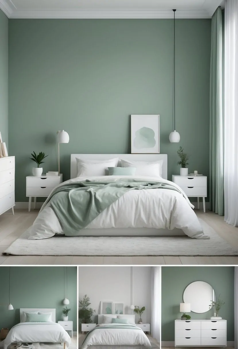 A bedroom with a sage green accent wall and white minimalist furniture including a bed, nightstand, and dresser, softly lit by natural light.