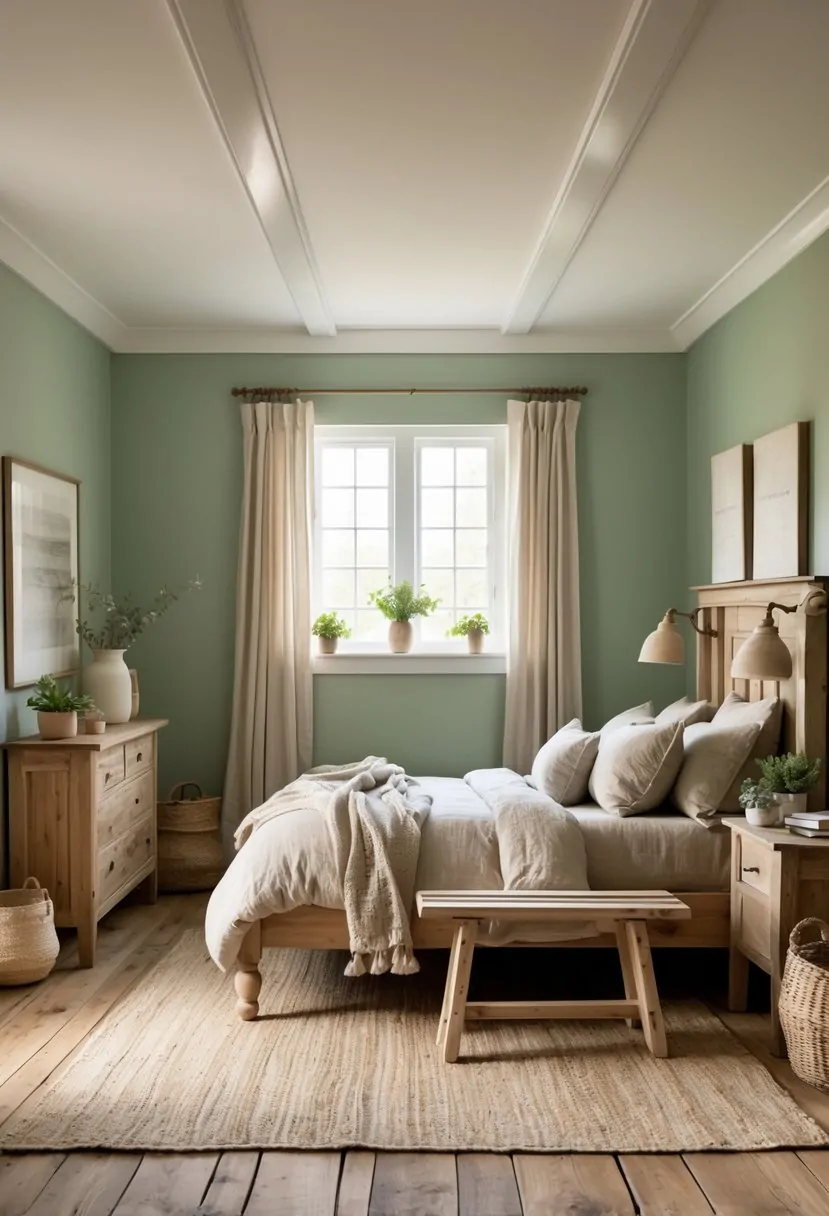 A bedroom with sage green walls, a wooden bed, nightstands, and natural light coming through a window.
