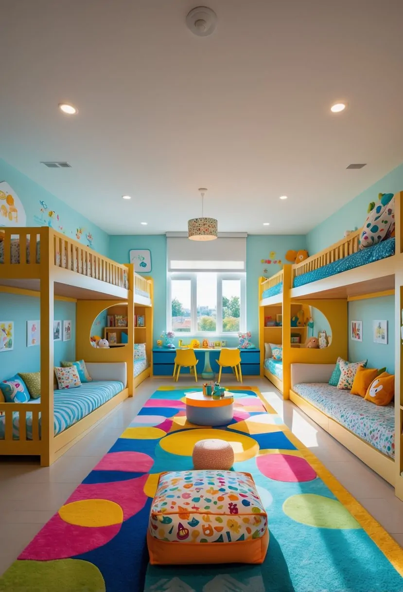 A bright children's bedroom with seven beds, colorful bedding, toys, and a play area.