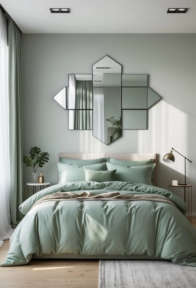 A bedroom with a bed covered in sage green bedding and geometric mirrors hanging on the wall above it.