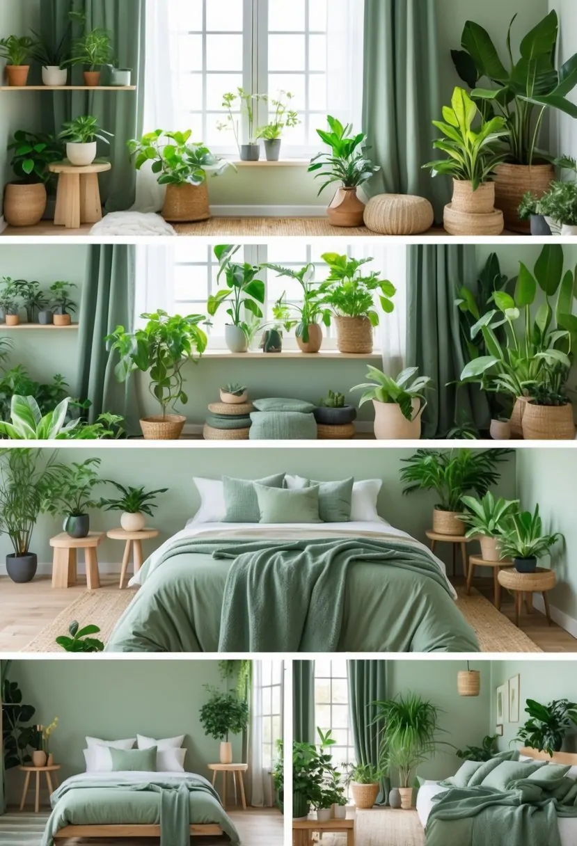 A cozy bedroom with a bed dressed in green fabrics surrounded by many indoor plants and natural light.