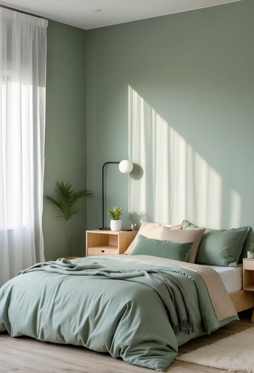 A bedroom with soft green walls, light wood flooring, a bed with green bedding, a nightstand with a plant and lamp, and natural light coming through sheer curtains.