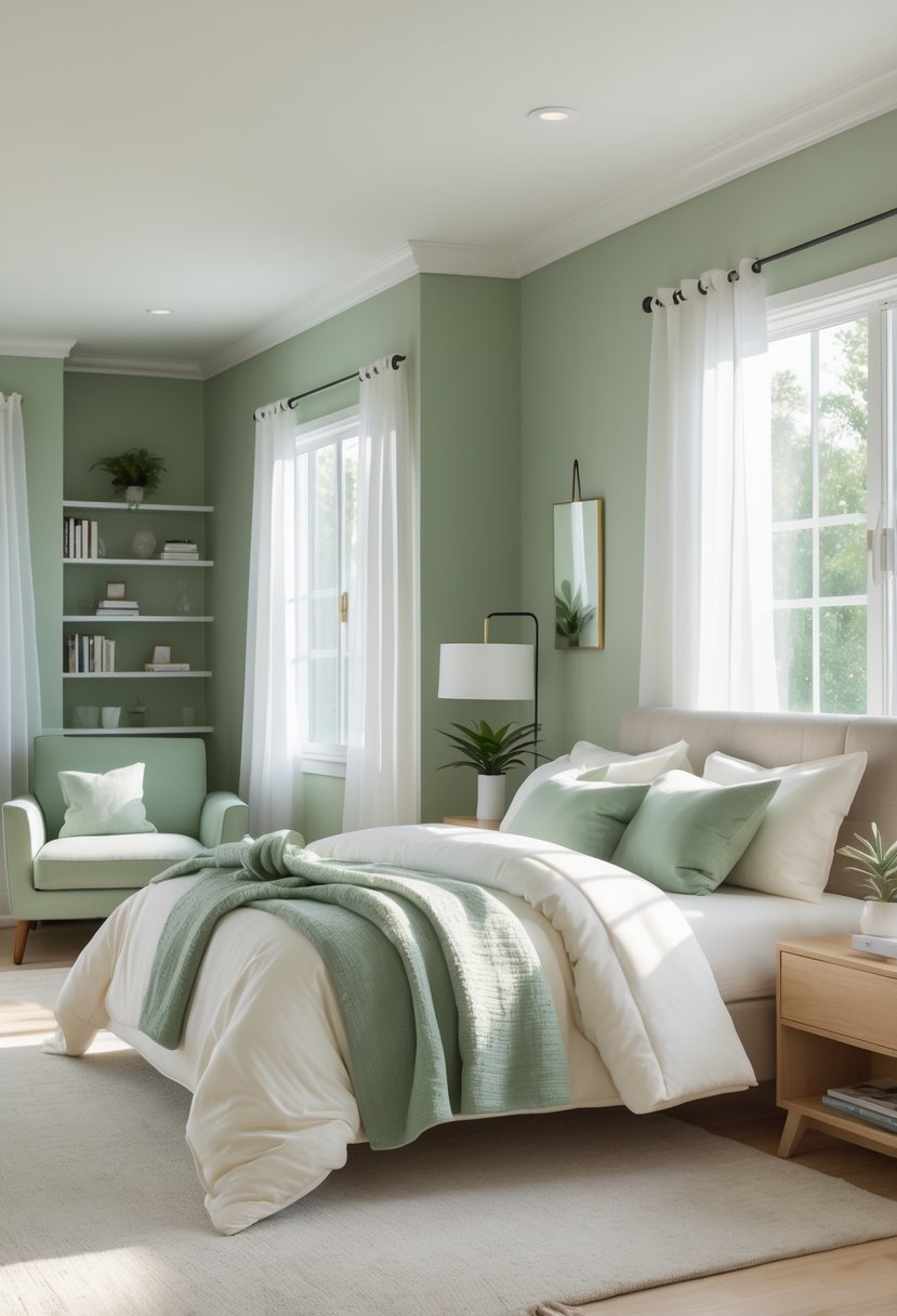 A bedroom with sage green walls, a bed with white and sage green bedding, a wooden nightstand with a lamp and plant, and a reading nook with a green armchair and bookshelf.