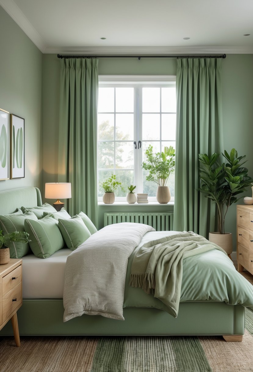 A peaceful bedroom with a sage green bed, matching curtains, wooden furniture, plants, and soft lighting.