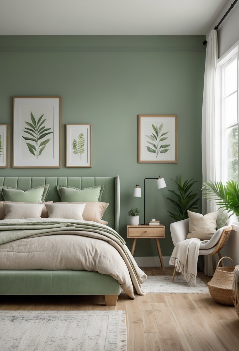 A bedroom with a sage green accent wall, a bed with neutral bedding, a wooden nightstand with a lamp and plant, large windows with sheer curtains, and a cozy reading chair in the corner.