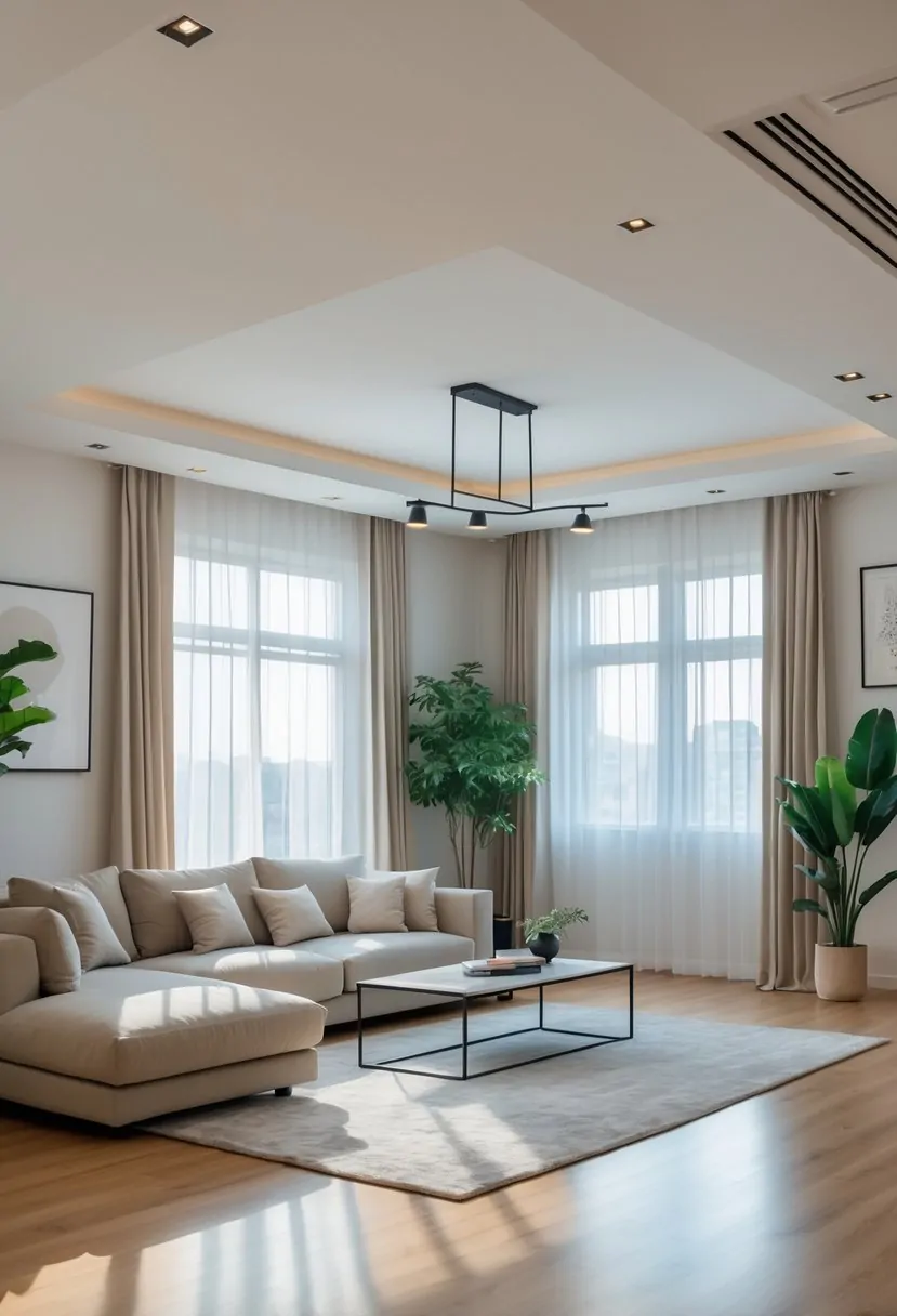A bright and spacious living room with a sofa, coffee table, plants, and large windows letting in natural light.