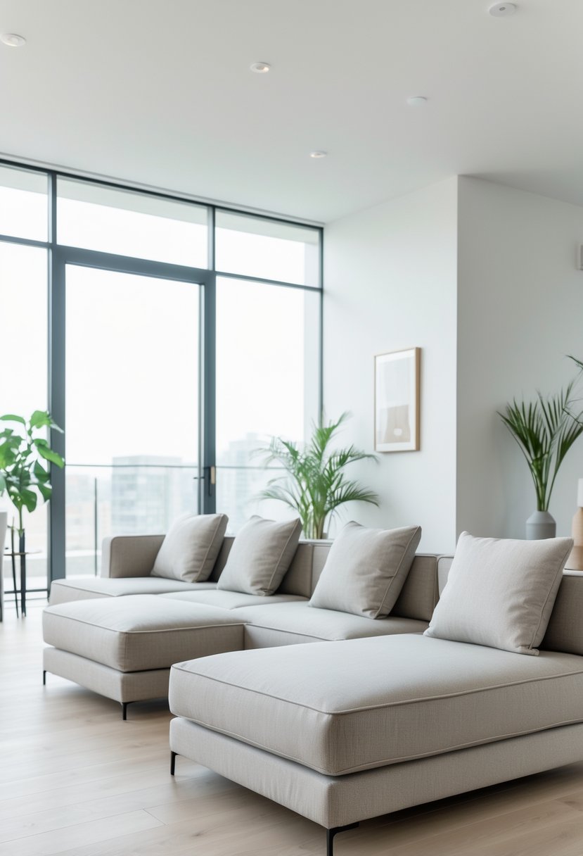 A bright living room with slim sofas, a coffee table, and plants near large windows.