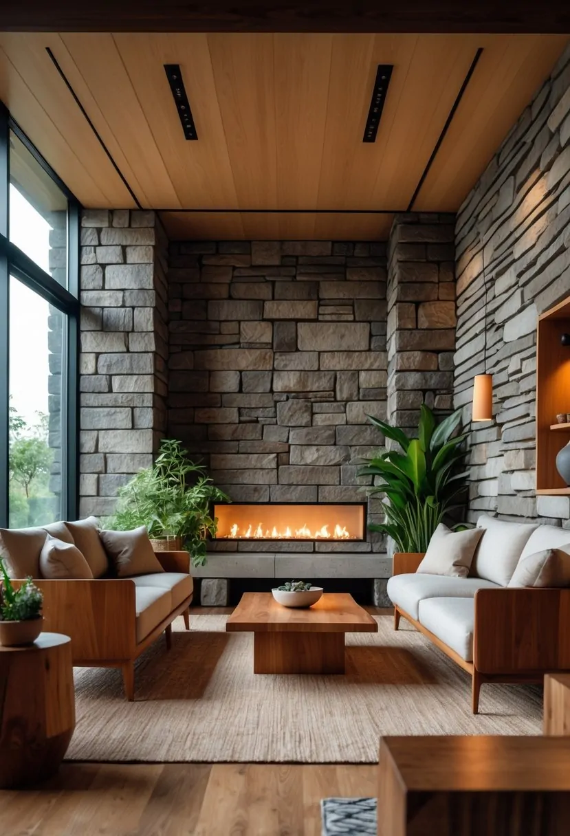 A living room with wooden furniture, stone wall accents, sofas, and large windows letting in natural light.
