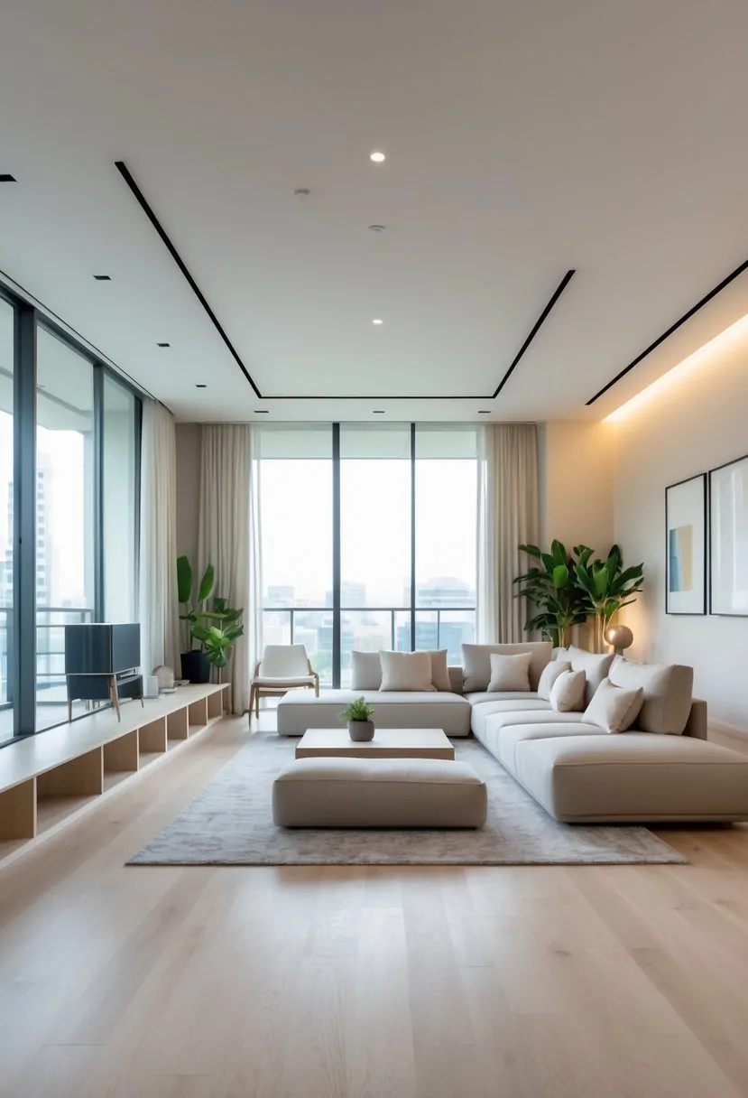 A bright living room with sofas, a coffee table, large windows, and plants arranged to create an open and spacious environment.
