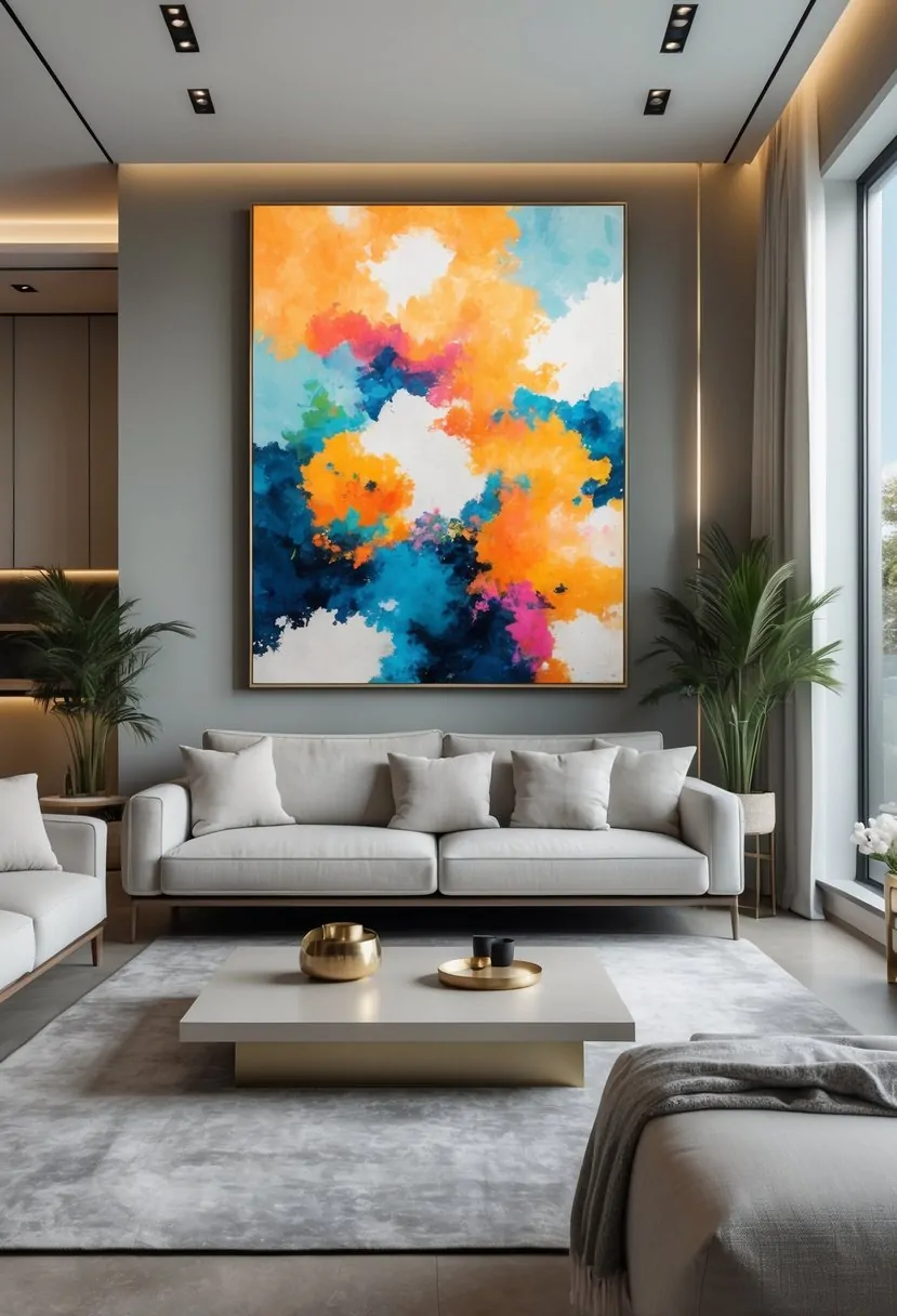 A modern living room with a sofa, coffee table, plants, and a large colorful abstract painting on the wall.