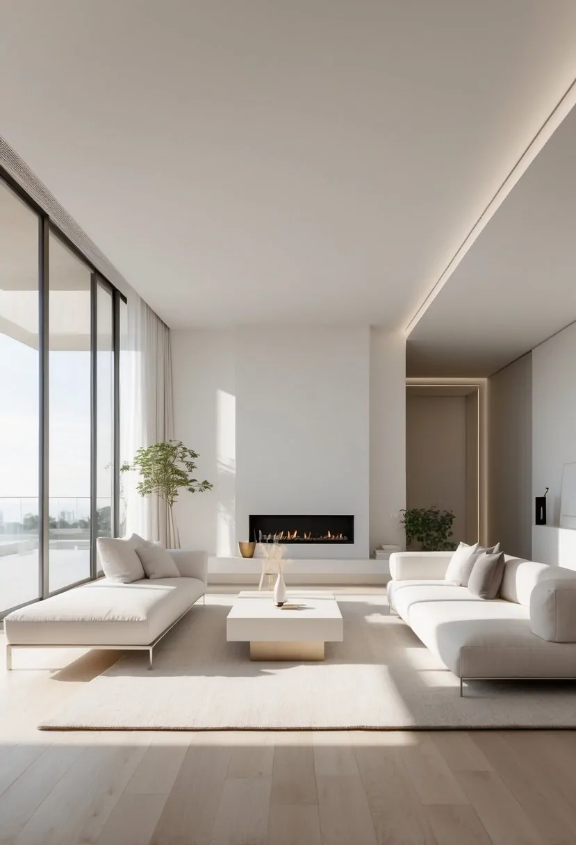 A bright living room with a sofa, coffee table, and large windows, featuring clean surfaces and minimal furniture.