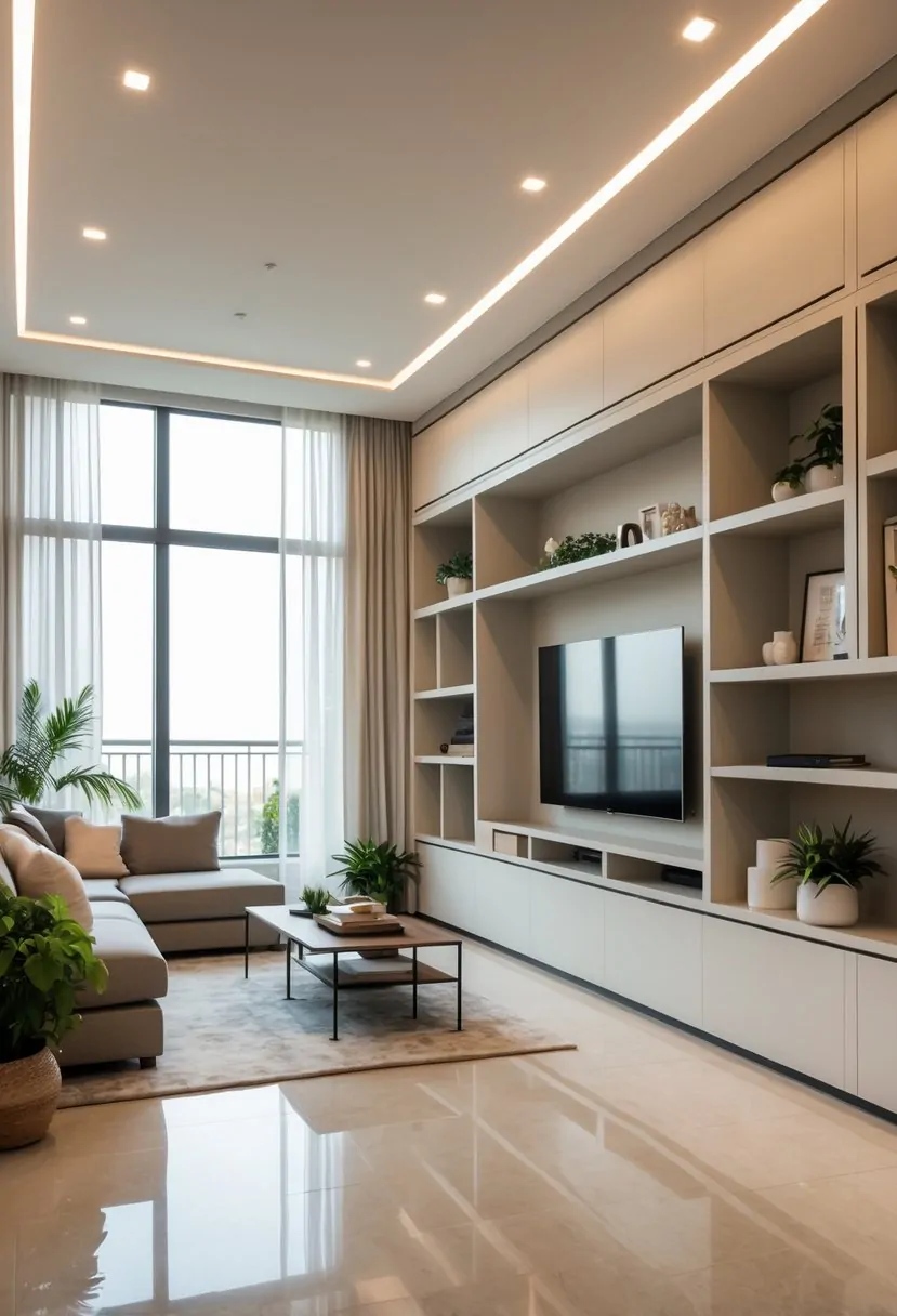 A modern living room with built-in storage shelves, a sofa, coffee table, and plants, well-lit and neatly organized.