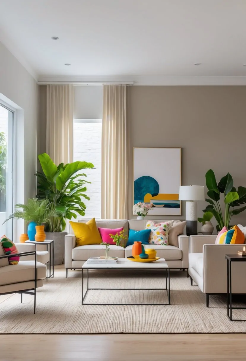A bright living room with neutral-colored furniture, bold accent pillows, a coffee table, wall art, and indoor plants.