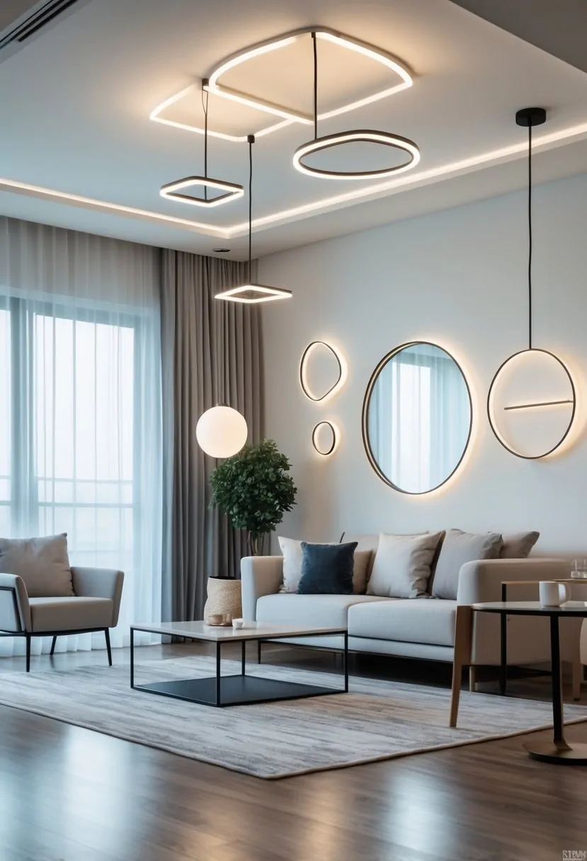 A bright living room with modern geometric lighting fixtures, a sofa, coffee table, and large windows.