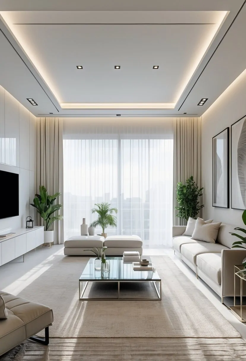 A bright living room with a sofa, coffee table, large windows, plants, and modern lighting.