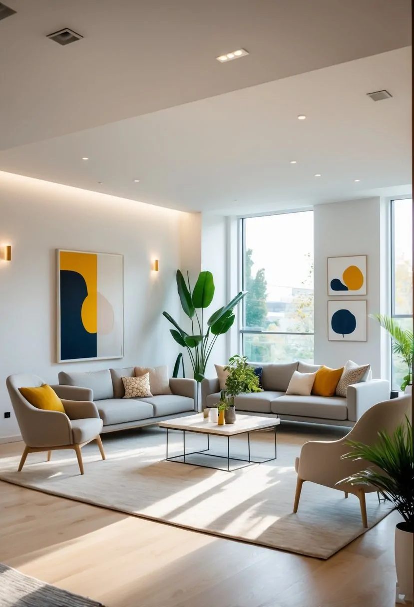 A bright living room with a sofa, armchairs, coffee table, plants, and artwork on the walls.
