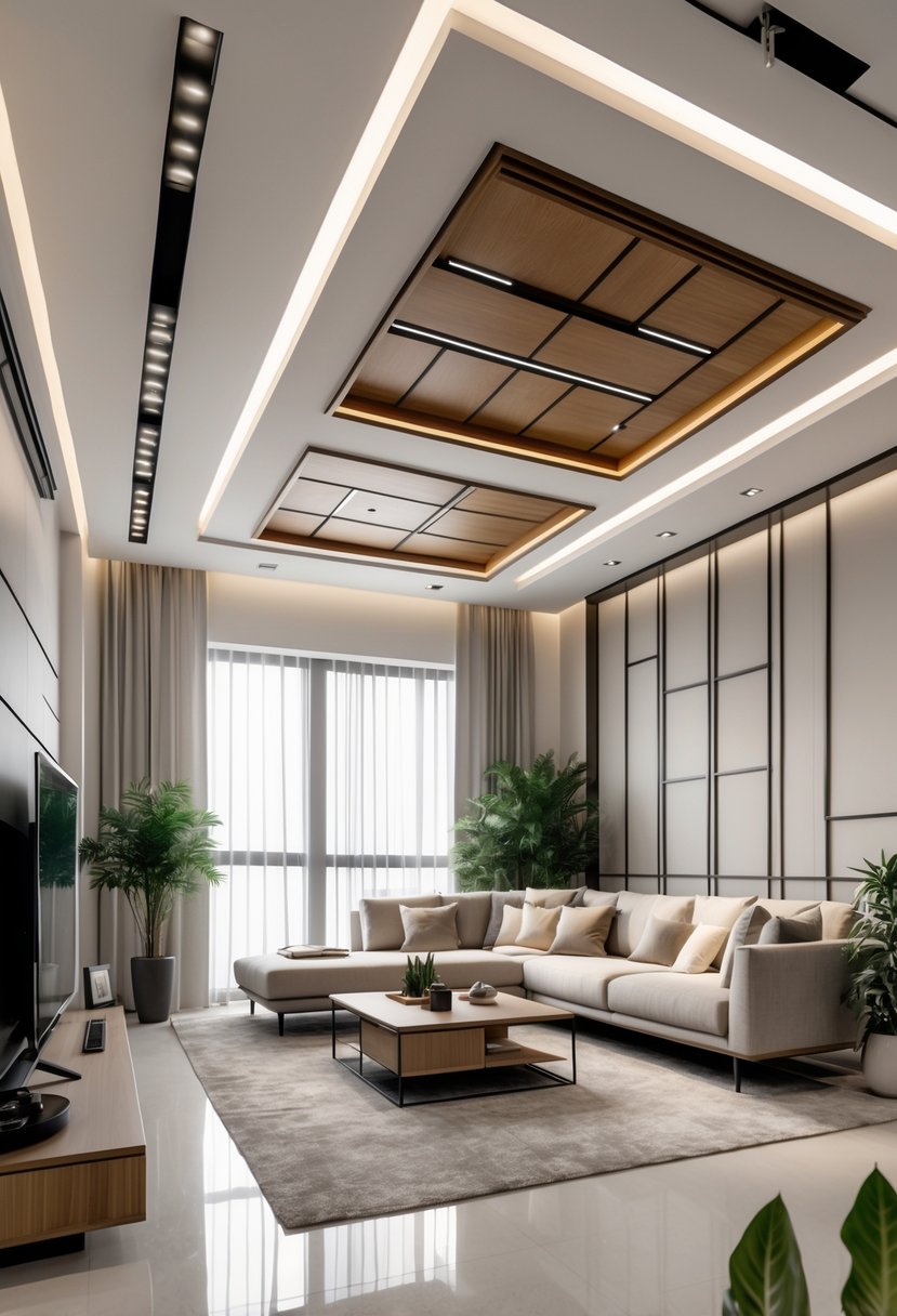 A modern living room with a false ceiling featuring recessed lighting and wooden accents, furnished with a sofa, coffee table, and indoor plants.