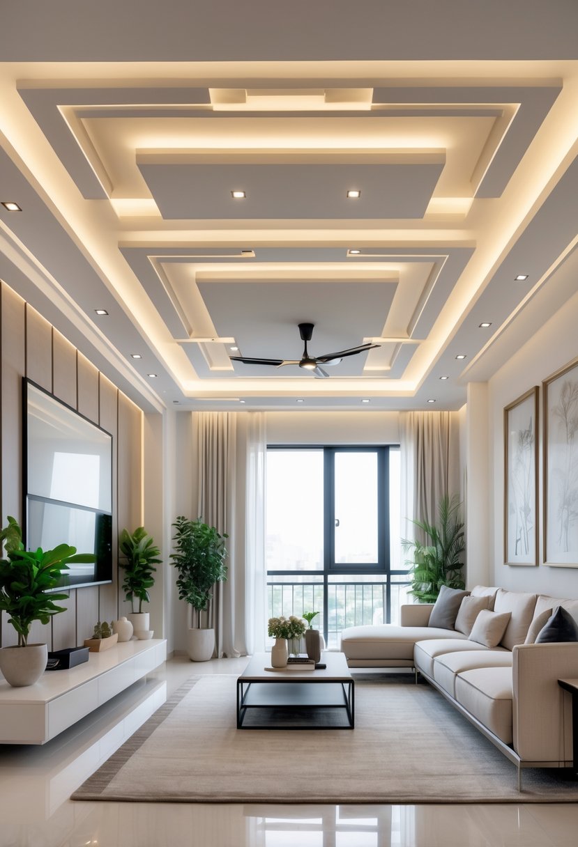 A spacious living room with a layered false ceiling and recessed lighting, furnished with a sofa, coffee table, plants, and large windows letting in natural light.