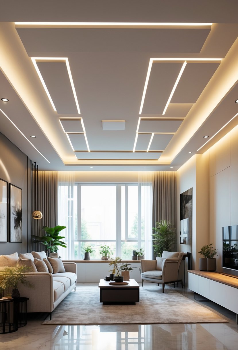 A living room with a modern false ceiling featuring integrated LED strip lighting and contemporary furniture.