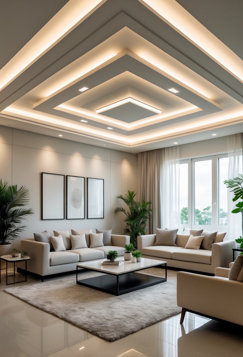 A modern living room with a coffered false ceiling, comfortable sofa, coffee table, and large windows letting in natural light.