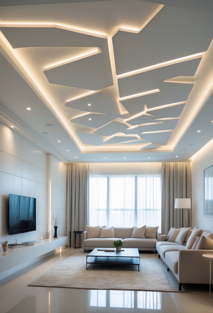 A bright living room with white panel ceiling, sofas, coffee table, and large windows letting in natural light.