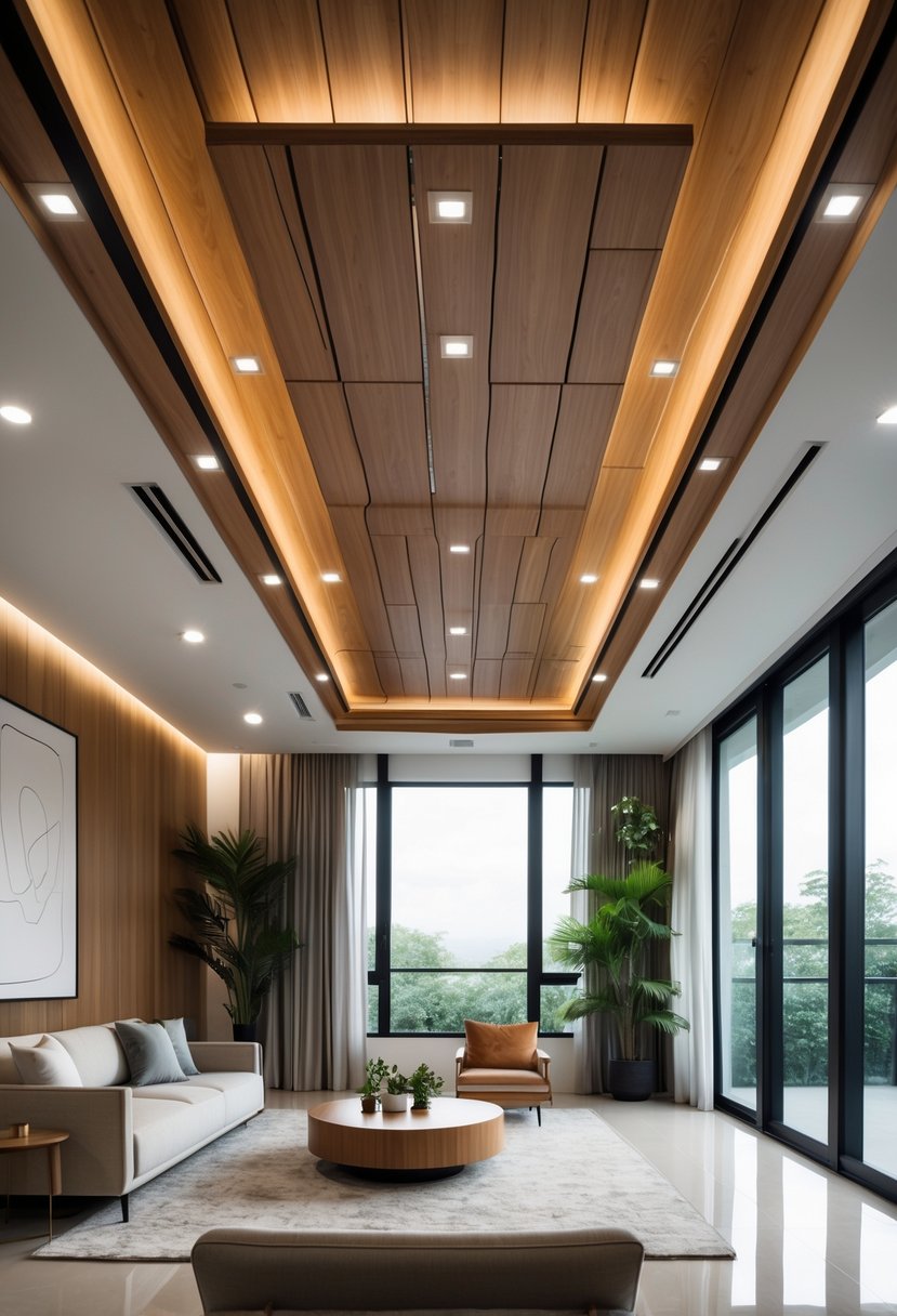 Living room with a wood finish false ceiling, sofa, coffee table, and large windows letting in natural light.