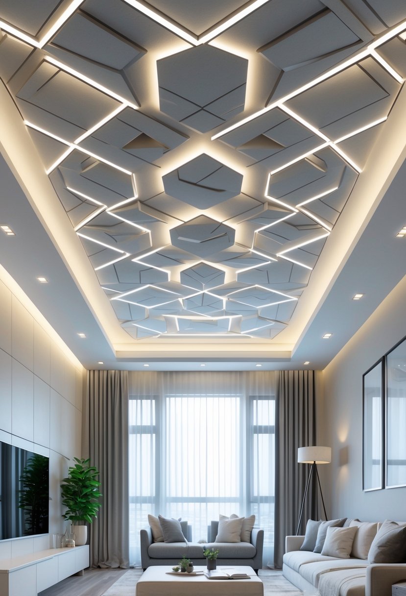 A living room with a geometric patterned false ceiling and modern furniture beneath.
