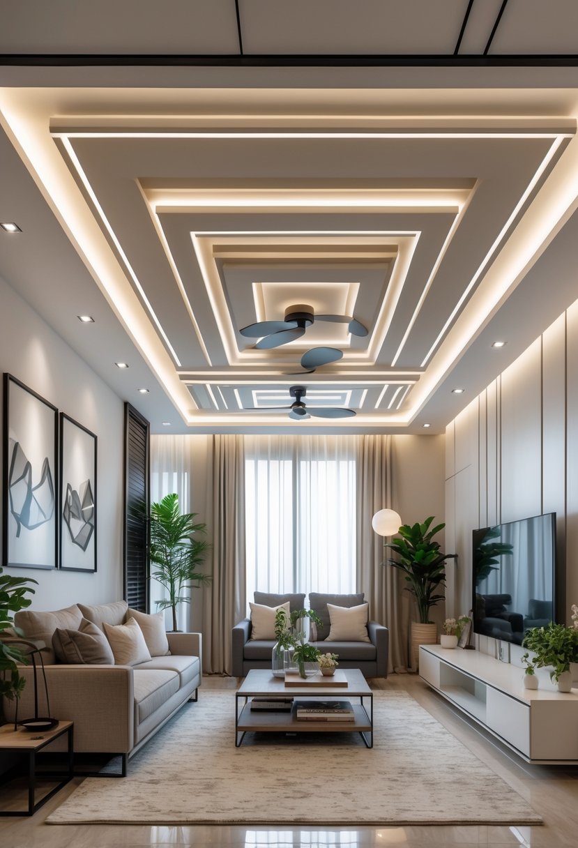 Living room with a false ceiling featuring recessed lighting and modern furniture.