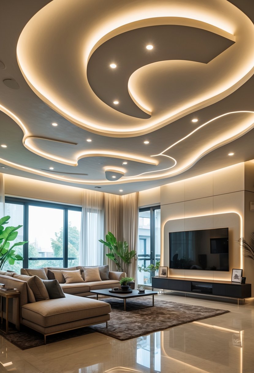 A spacious living room with a curved false ceiling, modern furniture, and large windows letting in natural light.