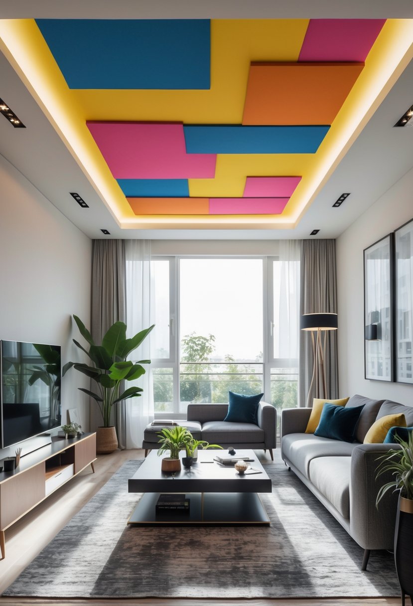 A bright living room with modern furniture and a colorful, geometric ceiling design.