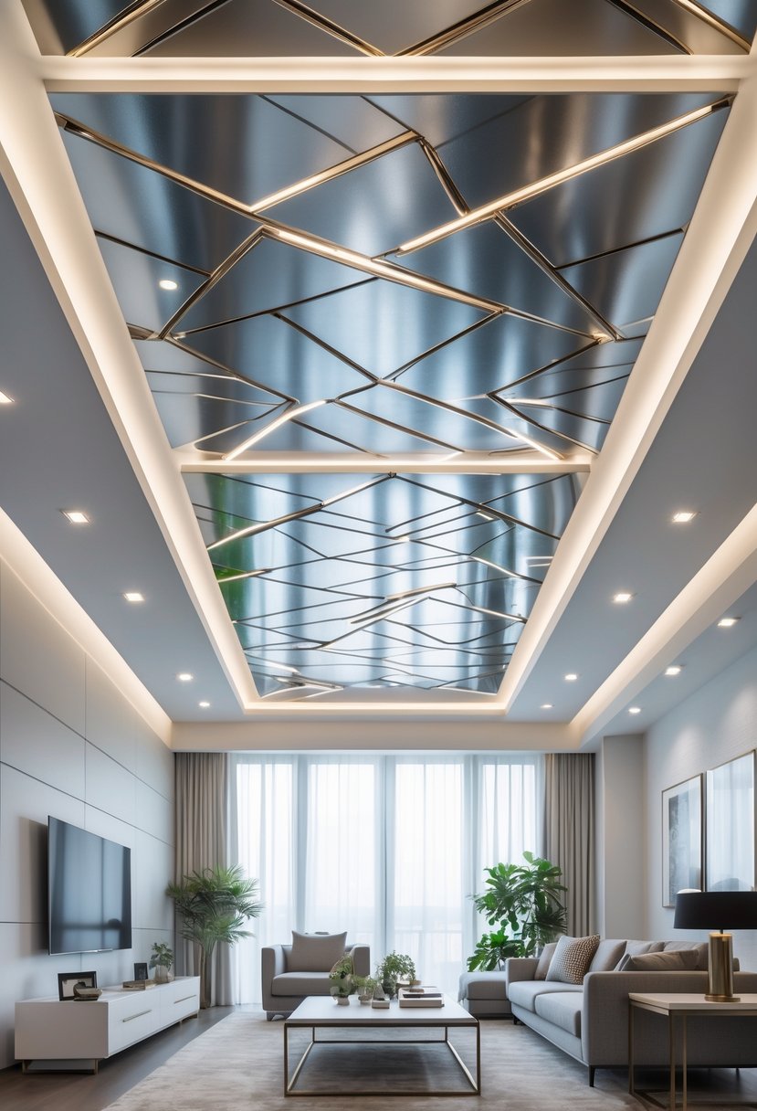 A modern living room with a metallic coated false ceiling featuring geometric patterns and recessed lighting.