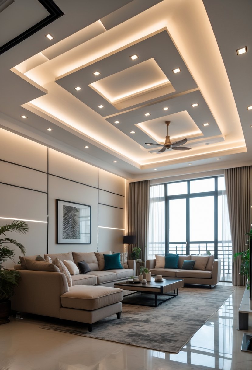 A modern living room with a false ceiling, sofa set, coffee table, and large windows letting in natural light.