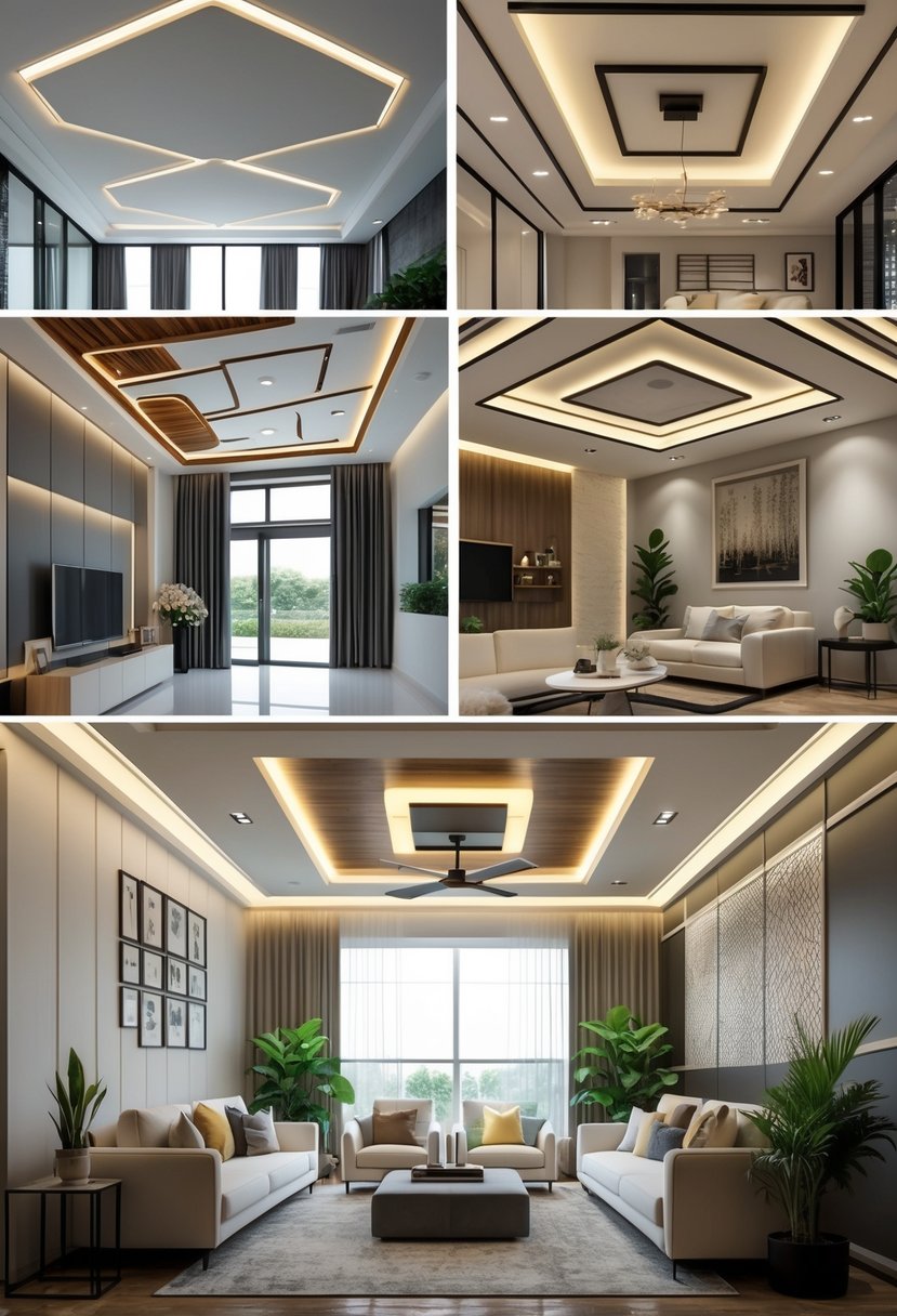 A spacious living room displaying ten different false ceiling designs with various lighting and patterns above modern furniture and large windows.