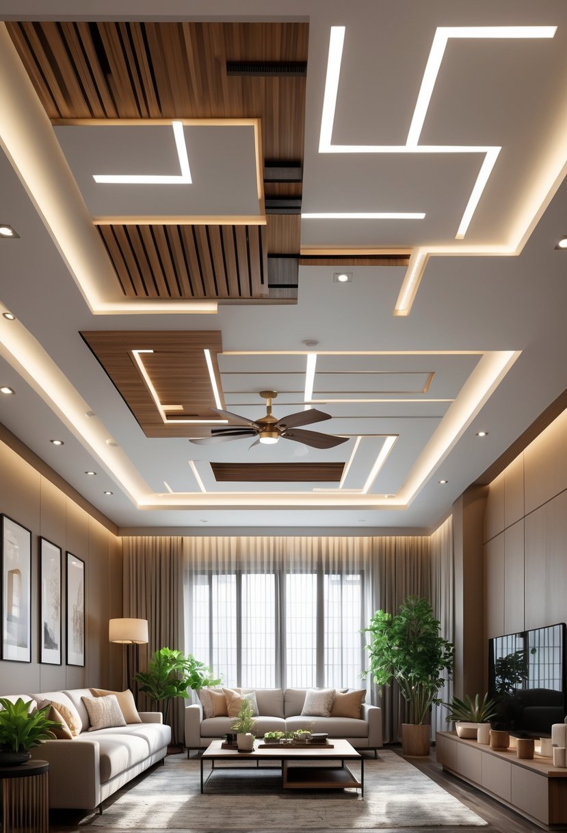 A modern living room with various false ceiling designs, comfortable furniture, and natural light coming through large windows.
