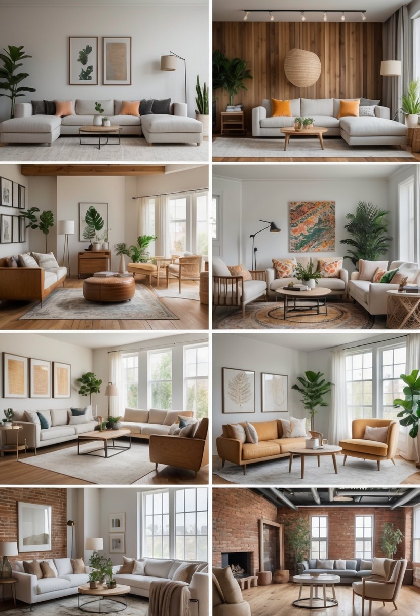 A collage of seven different living rooms, each with unique furniture and decor styles, arranged in a bright and spacious interior.