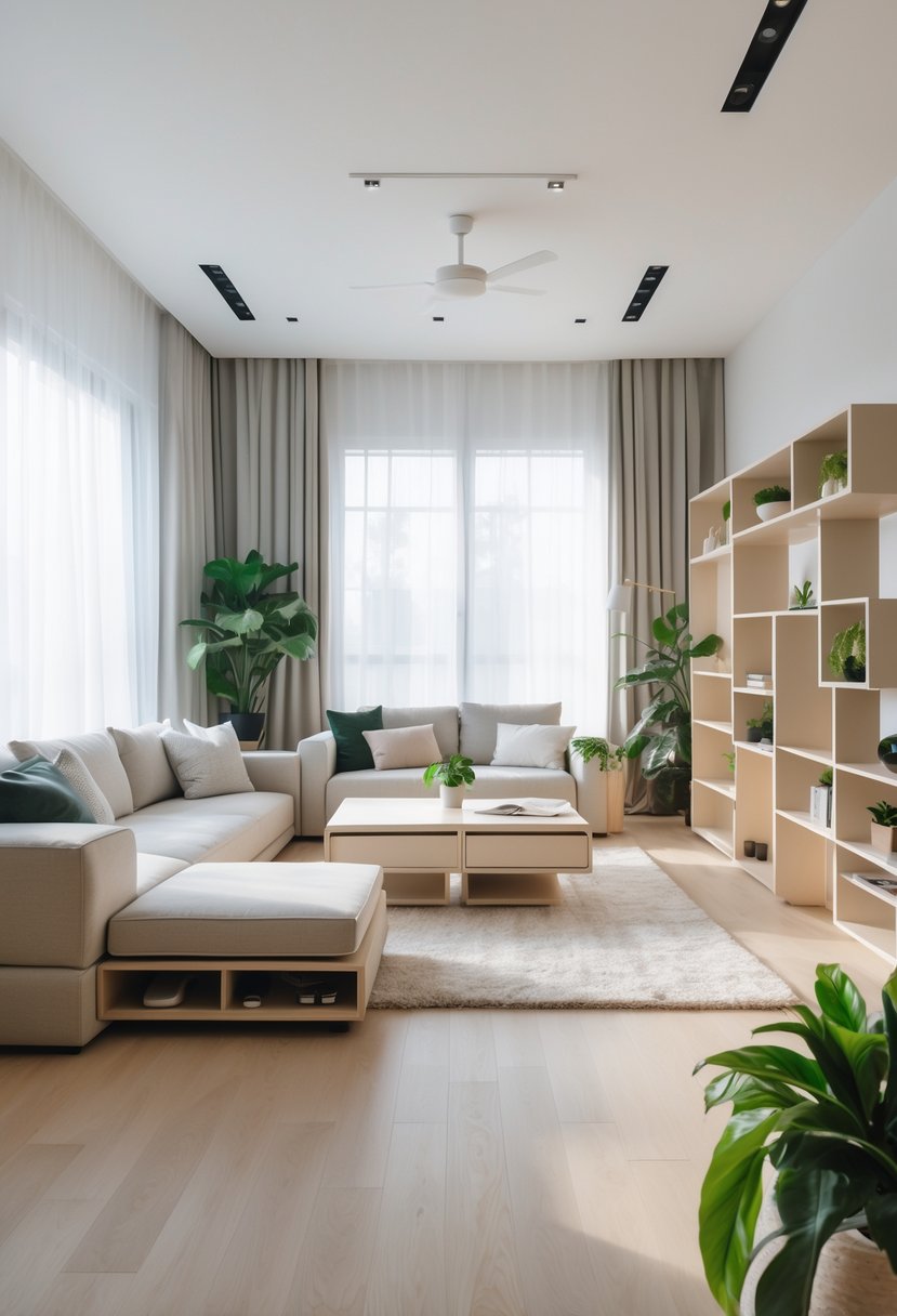 A living room with multifunctional furniture including a sofa with storage, convertible coffee table, and modular shelving, filled with natural light and plants.