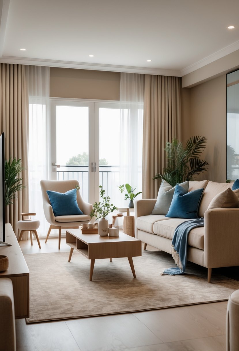A living room with a beige sofa, blue pillows, wooden coffee table, plants, and large windows letting in natural light.