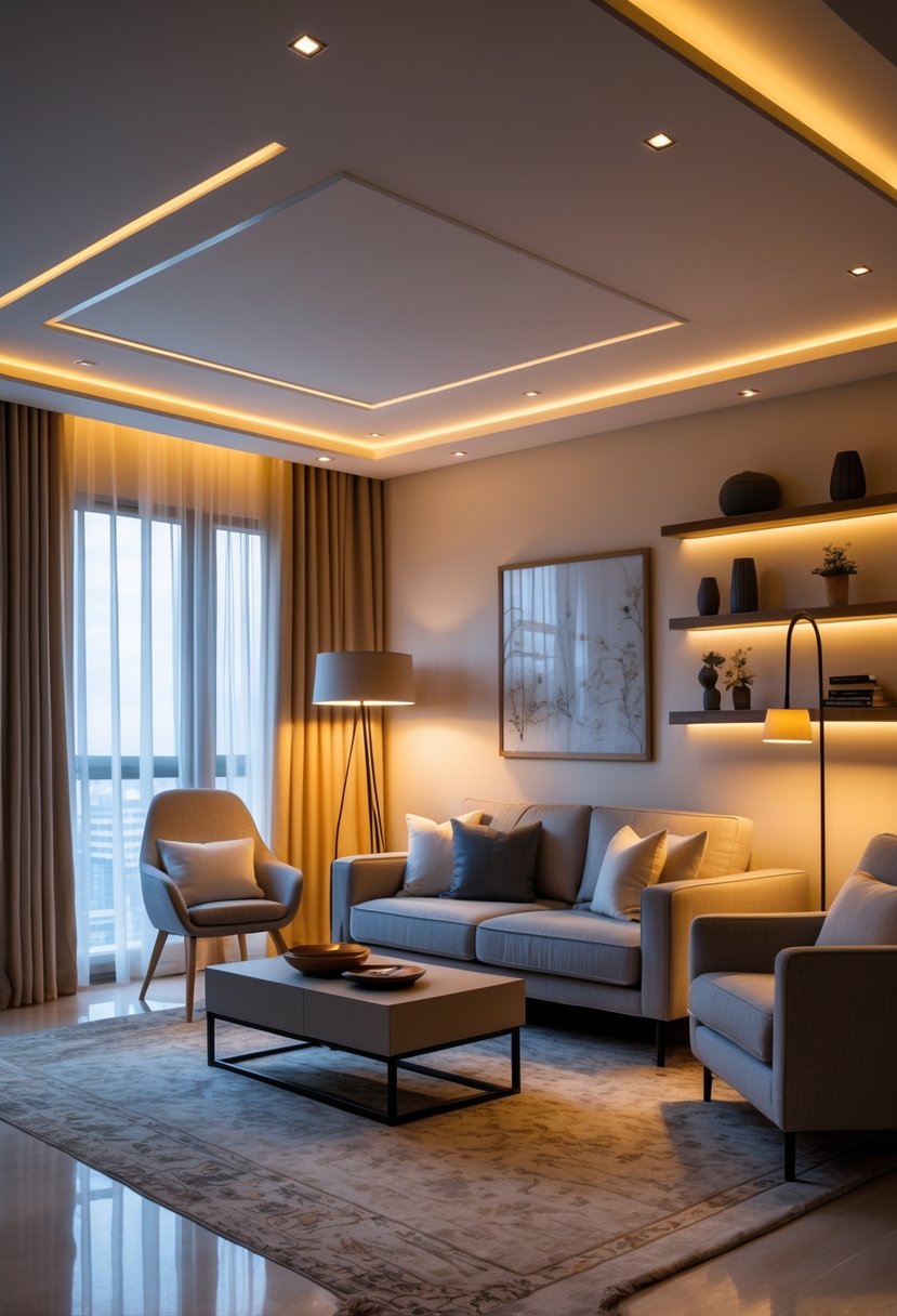A living room with a sofa, coffee table, floor lamp, artwork on walls, and layered lighting including ceiling lights, a reading lamp, and accent spotlights.