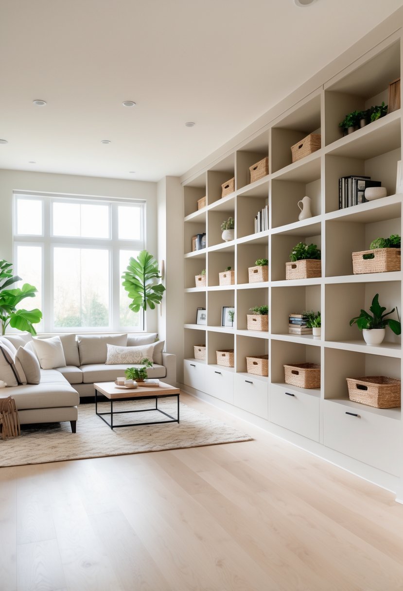 A bright living room with built-in wall storage, a sofa, coffee table, and indoor plants.